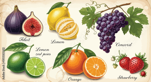 Vibrant still life of various fresh fruits including figs, lemons, grapes, oranges, strawberries, and limes on a beige background with labels.
