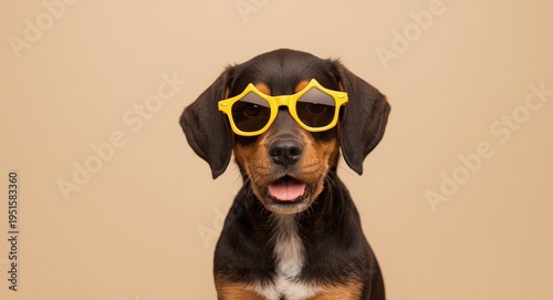 Peppy setter puppy displaying fun personality in star sunglasses with neutral backdrop