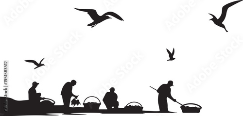 Black silhouette of people fishing on shore with seagulls flying