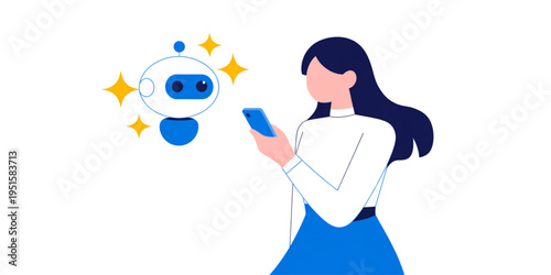 A young woman using a smartphone to interact with a friendly artificial intelligence chat robot Vector