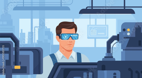 Industrial Worker Utilizing Augmented Reality Glasses for Smart Factory Operations and Data Monitoring in Modern Manufacturing