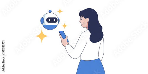 A young woman using her smartphone to interact with a friendly artificial intelligence chatbot icon Vector