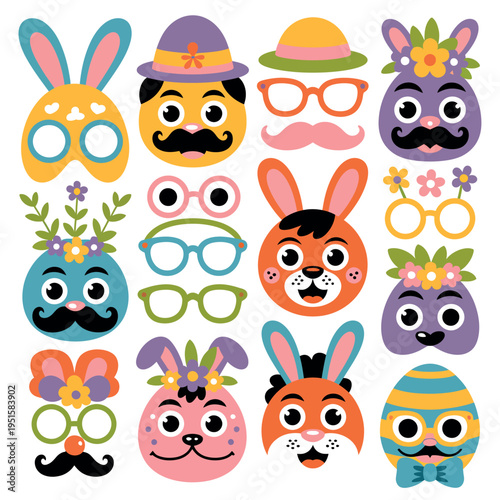 Assortment of stylized cartoon animal masks and accessory parts are.