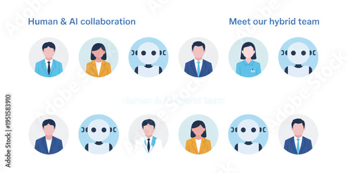 A collection of round avatar icons featuring diverse human professionals and artificial robots Vector