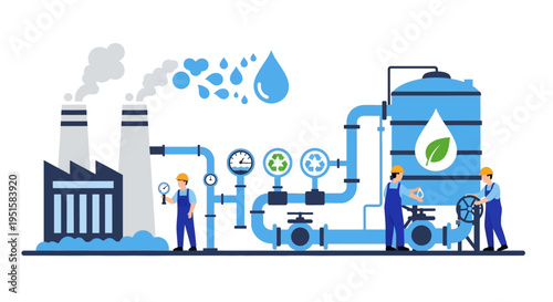 Industrial Water Treatment Plant. Engineers Managing Sustainable Purification and Recycling Process for Environmental Protection.