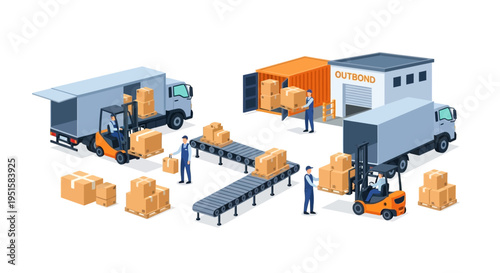 Isometric Logistics & Supply Chain Operations: Workers Loading Trucks, Containers, Forklifts, Conveyor Belts for Shipping, Delivery, & Warehouse Management.