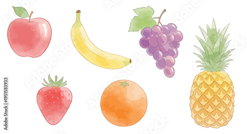 Watercolor-style illustration of assorted fresh fruits including apple, banana, grapes, pineapple, strawberry, and orange on a white background.