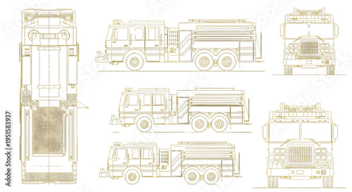 Fire Truck AutoCAD Blueprint Vector – Emergency Rescue Vehicle Technical Multiview Yellow Outline Drawing