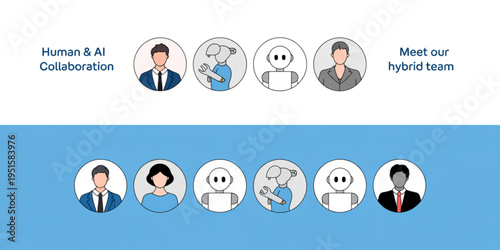Diverse hybrid team of human professionals and robotic assistants for modern workplace collaboration Vector