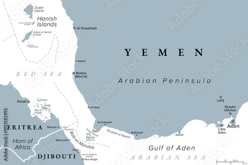 Bab-el-Mandeb, and surroundings, gray political map. Strait of Mandeb, strait between Yemen on Arabian Peninsula and Djibouti and Eritrea on Horn of Africa, connecting Red Sea to Gulf of Aden. Vector