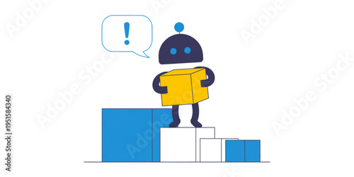 A cute cartoon robot holding a yellow box while standing on a set of stacked blue and white steps Vector