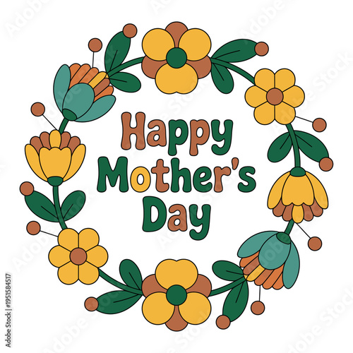 Retro floral wreath encircles groovy text wishing everyone a happy.