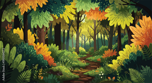 Vibrant cartoon forest path illustration with lush green, yellow, and orange foliage, whimsical nature landscape vector background