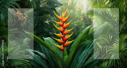 Lush tropical setting featuring variegated heliconia blossoms in vibrant natural habitat
