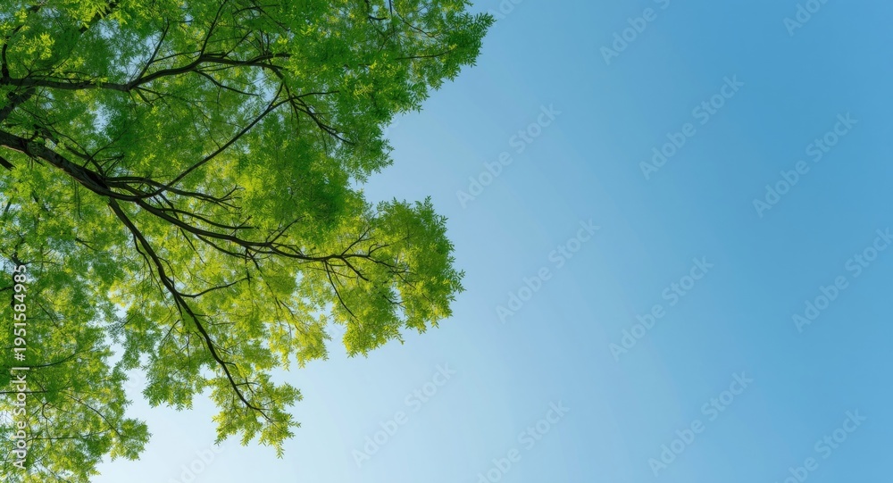 Fototapeta premium Natural green leaves on extended tree branches set against a clean blue sky with copy space