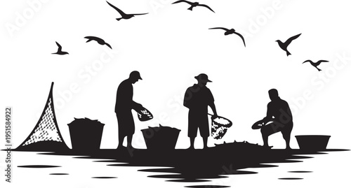 Black silhouette of three fishermen with nets and buckets by water