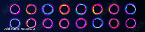 Neon curved lines form abstract circular motion on white PNG background. Bright gradients create a sense of speed. Ideal for energy themed visuals.