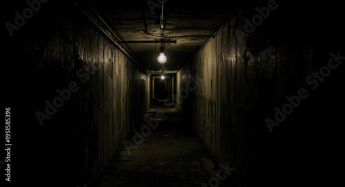 Faintly illuminated basement passage invoking an ominous underground sewer setting