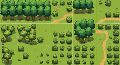 Pixel art forest and nature elements vector set for game design, including trees, bushes, and dirt paths on a green grid background
