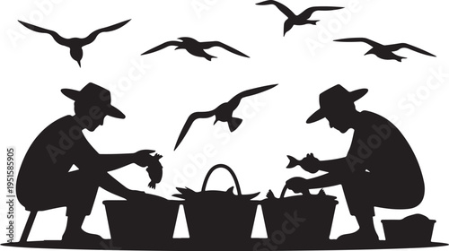 Black silhouette of two men cleaning fish on buckets with