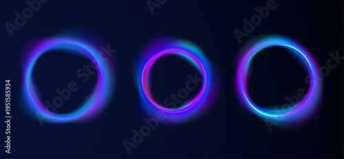 Colorful neon rings overlap with smooth gradient transitions on PNG. Light reflections add depth and dimension. Ideal for modern graphic templates.
