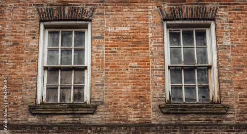 Aged brick facade featuring antique windows showcasing historic urban architecture and wear