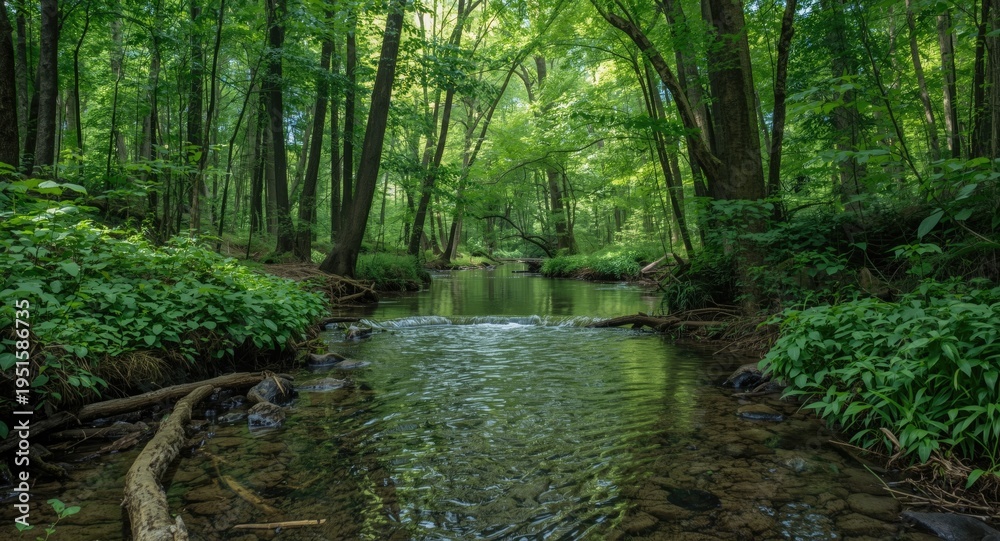 Obraz premium Serene stream running softly beneath a lush dense canopy of tall forest trees and plants