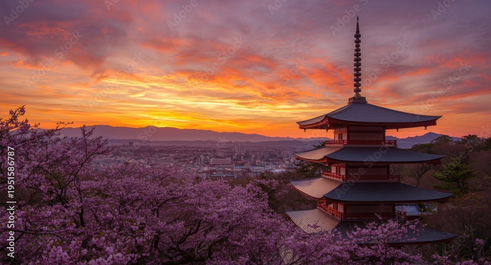 Fototapeta premium Cherry blossom filled scene highlighting a pagoda and mountainous sunset sky