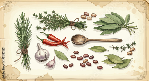 Flat lay of various herbs and spices including chili peppers, garlic, and coffee beans on a vintage-style background with a wooden spoon.