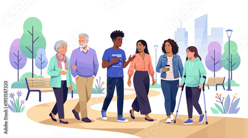 Diverse group of senior friends walking 1.