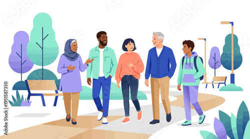 Diverse group of senior friends walking.