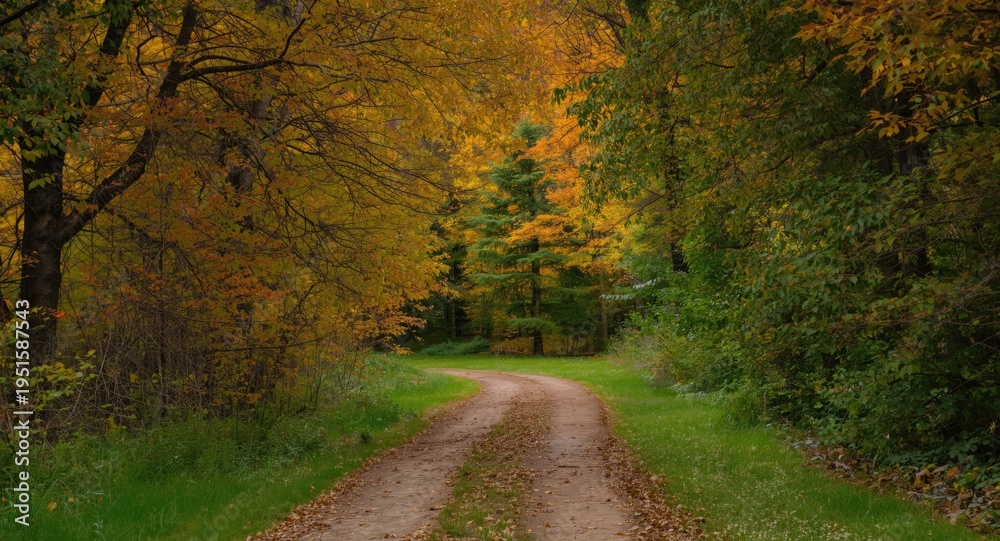 Obraz premium idyllic outdoor scene featuring a winding dirt lane through dense vibrant trees