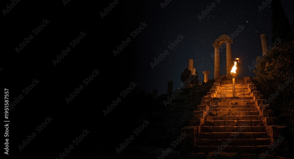 Fototapeta premium Eternal fire glow on stairs leading up to ancient column structures at night