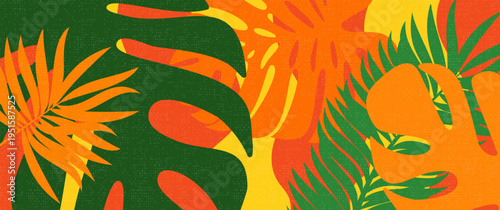 Bold Tropical Monstera and Palm Leaves in Green, Orange, Yellow, and Red Overlapping on Dark Textured Background