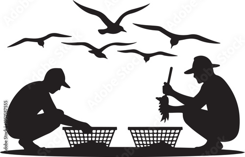 Black silhouette of two people with baskets and fishing rod and