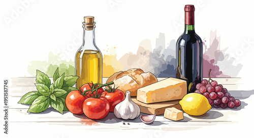 Still life of wine, cheese, bread, tomatoes, and olive oil on a rustic table with a soft, watercolor-inspired background.