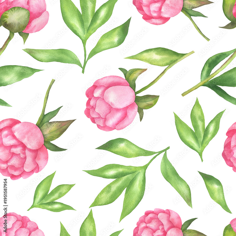 Fototapeta premium Peonies seamless pattern white