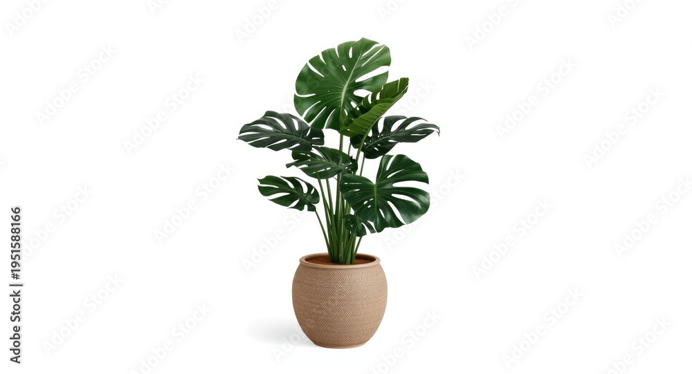 Obraz premium Monstera houseplant in a decorative pot with tropical foliage isolated on a white background