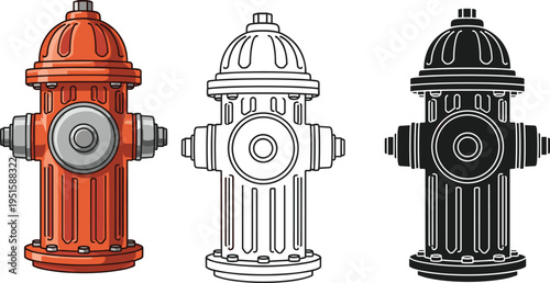 Professional Fire Hydrant Vector Set Featuring Detailed Flat Color Outline and Solid Silhouette Icons for Industrial Fire Safety Design Projects