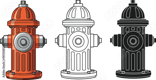 Red Fire Hydrant Vector Illustration Set Featuring Flat Color Line Art and Black Silhouette Icons Isolated on White Background for Safety