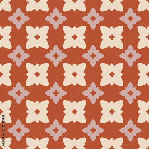 Cute vector seamless floral pattern. Retro vintage mid-century style background. Simple old-fashioned ornament with bold flowers in regular grid. Muted colors, red, pink, beige. Stylish funky design