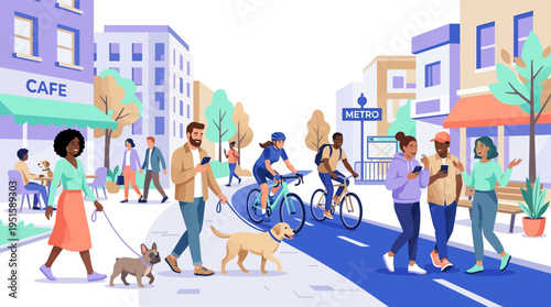 People walking on city street.