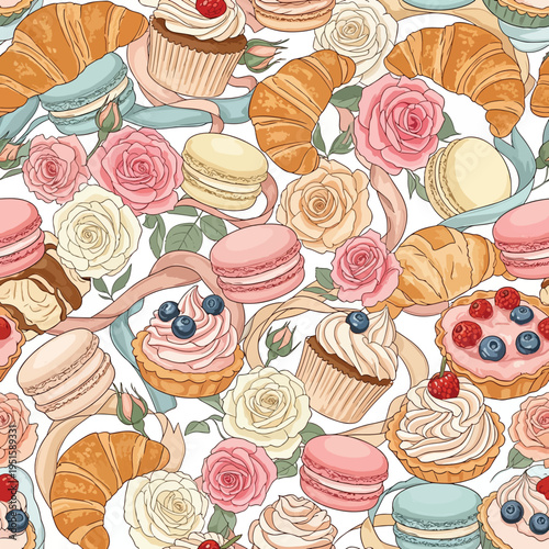 Seamless pattern of assorted sweet pastries and flowers on white background with colorful cupcakes, macarons, croissants, and roses in a vibrant and appetizing arrangement.