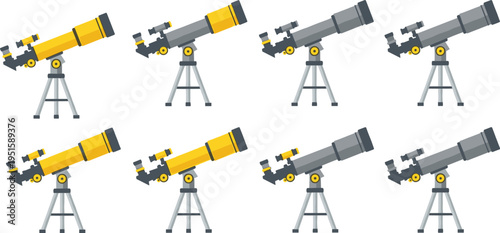 Set of professional yellow and grey refractor telescopes on tripods for astronomy education space exploration celestial observation and stargazing hobby icons