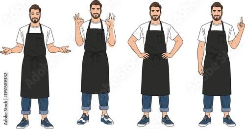 Set of a handsome male barista or waiter in a black apron and white t-shirt showing various friendly hand gestures