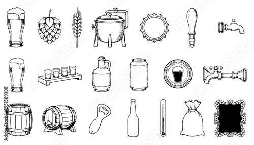 Brewery drink icon set and beer bar objects vector engraving style on white isolated background for pub menu design