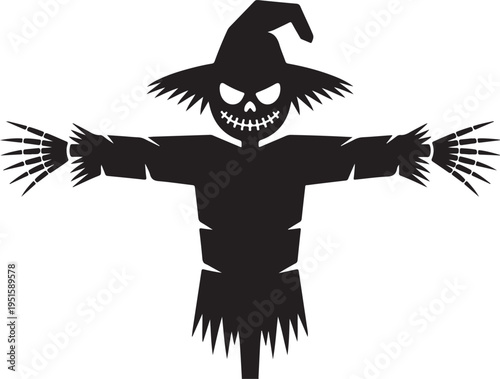 Black silhouette scarecrow with skeleton face and hat