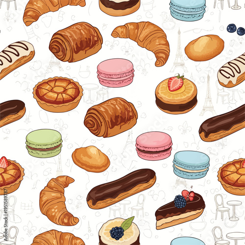 A flat lay of assorted sweet pastries and desserts, including croissants and macarons, on a white background with a playful and colorful mood.