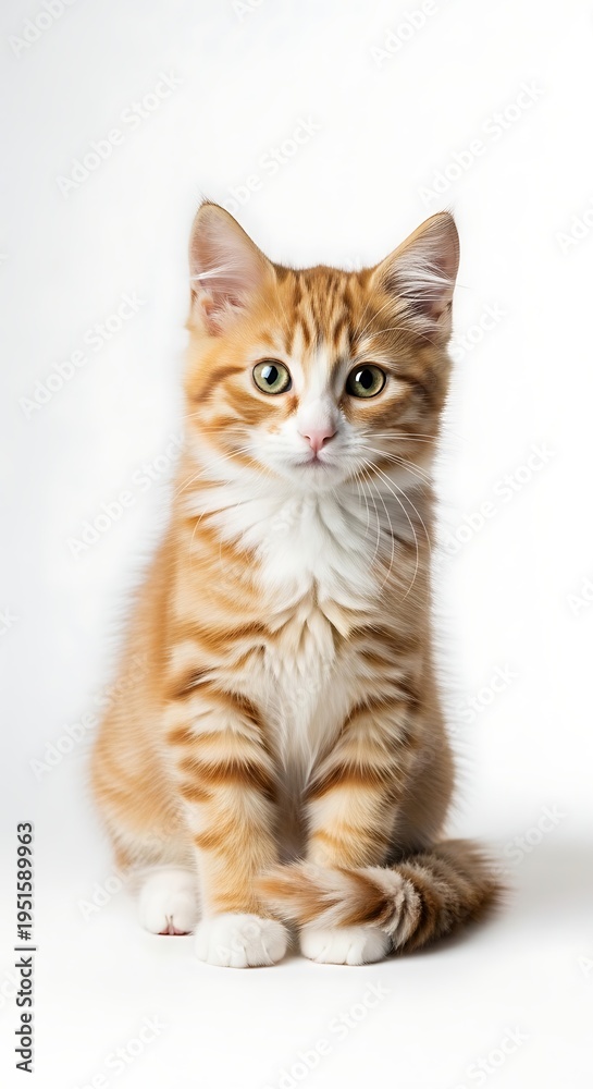 Obraz premium Adorable Orange Tabby Kitten Posing Gracefully on White Background.