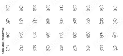 People icon set. Vector illustration of diverse characters including boy, girl, afro, arab, businessman, grandmother and more. Editable stroke.